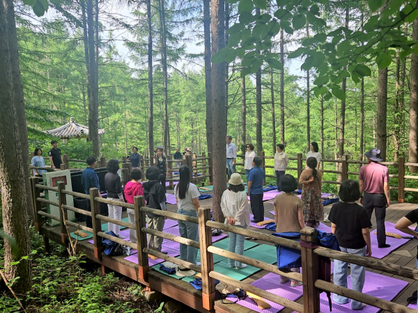 국립칠곡숲체원 김천치유의숲에서 「산림치유 ‘숲 향기’(실습)」을 수강하고 있다.