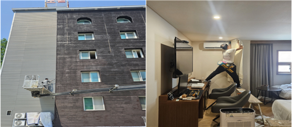 숙박업소 외벽 공사(왼쪽)와 객실 도배(오른쪽) 모습