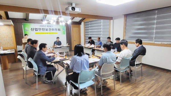 노기수 부구청장과 근로자위원, 사용자위원 등 산업안전보건위원들이 25일 도란도란 다목적실에서 2025년 제2분기 회의 진행 모습