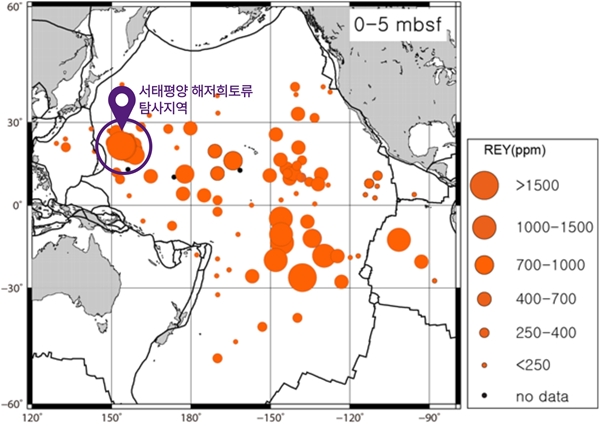 태평양 159개 해역에서 확보한 해저 희토류 농도 분포 지도