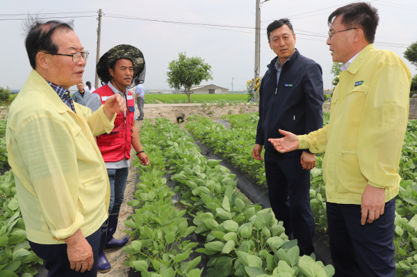 정해웅 본부장(오른쪽 두번째)이 당진시 우강면 논콩농가를 방문하여 애로사항을    청취하고 있다.