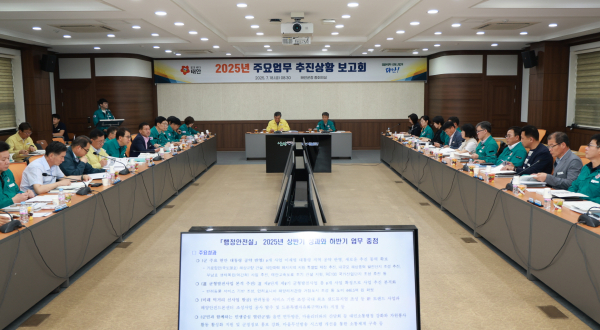 18일 군청 중회의실에서 진행된 ‘2025년 주요업무 추진상황 보고회’ 모습.