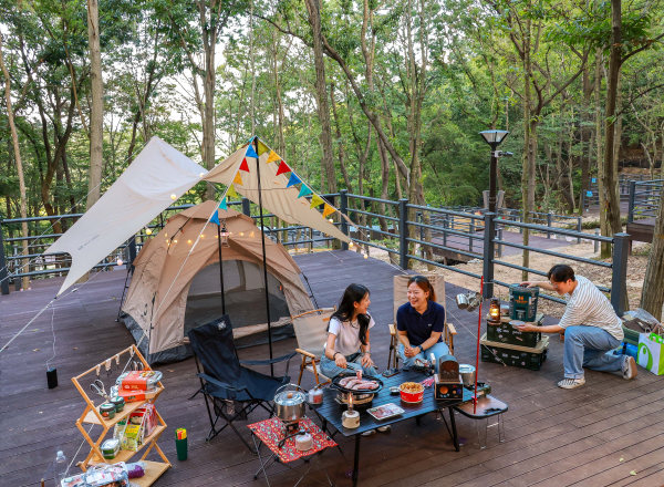 성북동 숲속 야영장에서 방문객들이 캠핑을 즐기고 있다