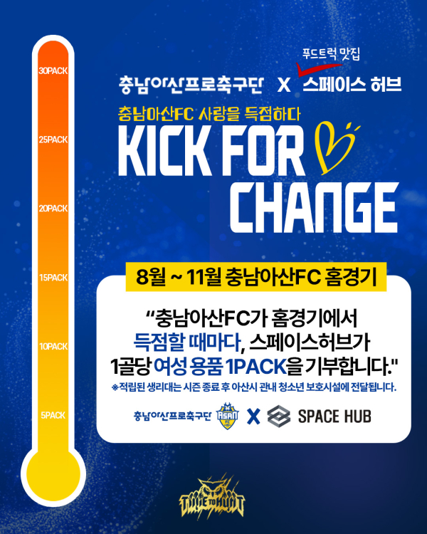 충남아산FC·스페이스허브, 1골 1기부 ‘KICK FOR CHANGE’ 캠페인 안내