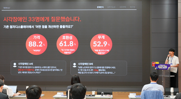 순천향대 김진환 학생(의료IT공학과)이 ‘제2회 대한민국 학생창업주간 충청권 학생창업 경진대회’에서 창업 아이템을 발표하고 있다.