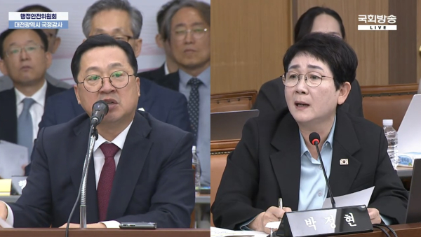 이장우 대전시장과 민주당 박정현 의원(대전 대덕)이 언쟁을 벌이고 있다.(사진=국회방송 화면 갈무리)