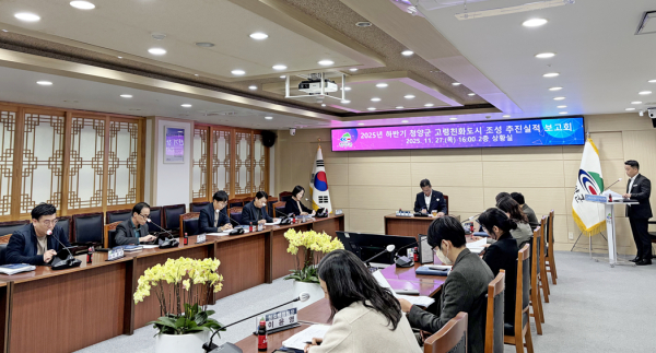 지난 27일 고령친화도시 조성 실무협의회에서 참석자들이 회의를 하고 있다.