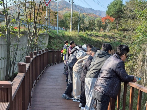 가족 특성화 캠프 참가자들이 숲 관찰 프로그램을 진행하고 있다