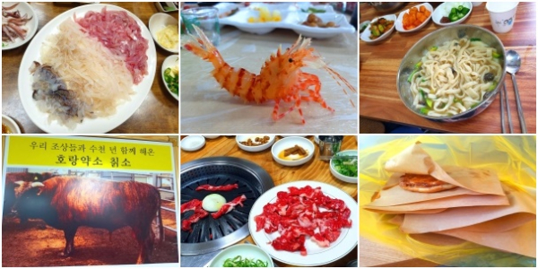 (윗줄 왼쪽부터) 오징어 모둠회, 독도새우, 따개비 칼국수, 칡소 한우구이, 씨앗호떡